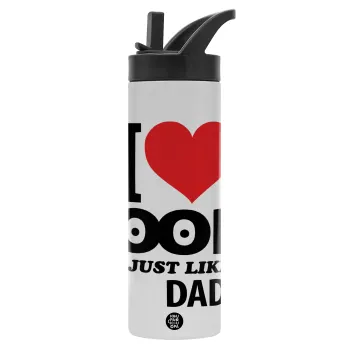 I Love boobs ...just like my daddy, Metallic thermos bottle with straw & handle, stainless steel (Stainless steel 304), double-walled, 600ml.