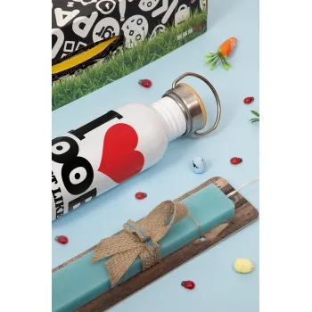 I Love boobs ...just like my daddy, Πασχαλινή Λαμπάδα με παγούρι μεταλλικό (620ml, stainless steel) & κερί αρωματικό πλακέ (30cm) (ΤΙΡΚΟΥΑΖ)