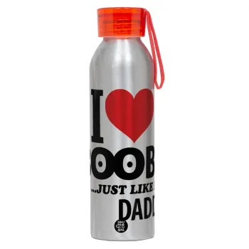 I Love boobs ...just like my daddy, Αλουμινένιο Αθλητικό Μπουκάλι 650ml – Ασημί με Κόκκινο Καπάκι και Λουράκι Σιλικόνης