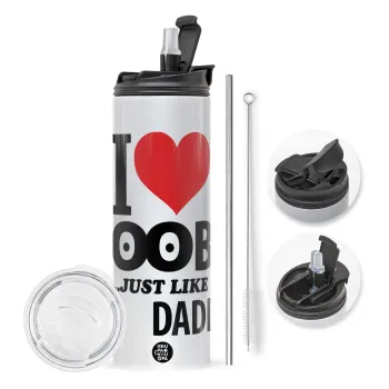 I Love boobs ...just like my daddy, Travel Tumbler θερμό με διπλό καπάκι, μεταλλικό καλαμάκι και βούρτσα καθαρισμού (Ανωξείδωτο 304 Food grade, BPA free, 600ml)