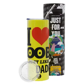 I Love boobs ...just like my daddy, Neon Yellow Travel Tumbler θερμό, μεταλλικό καλαμάκι(Ανωξείδωτο 304 Food grade, BPA free, 600ml)
