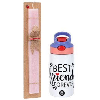 Best Friends forever, Easter Set, Children's thermal stainless steel water bottle with safety straw, pink/purple (350ml) & Easter scented flat candle (30cm) (PINK)