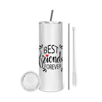 Best Friends forever, Tumbler ποτήρι θερμό από ανοξείδωτο ατσάλι 600ml, με μεταλλικό καλαμάκι & βούρτσα καθαρισμού