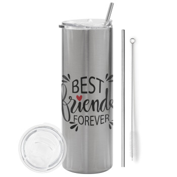Best Friends forever, Eco friendly stainless steel Silver tumbler 600ml, with metal straw & cleaning brush