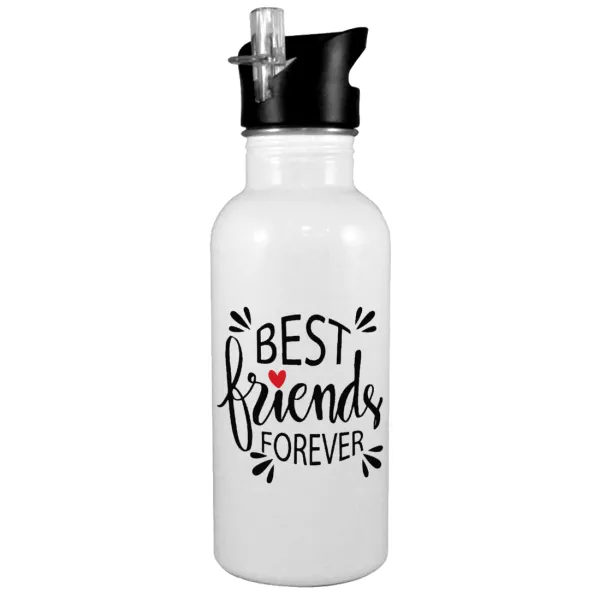 Best Friends forever — White water bottle with straw, stainless steel 600ml