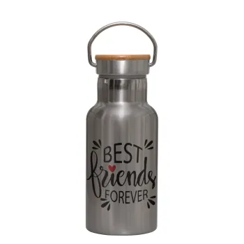 Best Friends forever, Μεταλλικό παγούρι θερμός (Stainless steel) Ασημένιο με ξύλινο καπακι (bamboo), διπλού τοιχώματος, 350ml