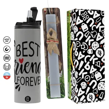 Best Friends forever, Πασχαλινή Λαμπάδα με Travel Tumbler θερμό (600ml, BPA free) & κερί αρωματικό πλακέ (30cm) (ΓΚΡΙ)