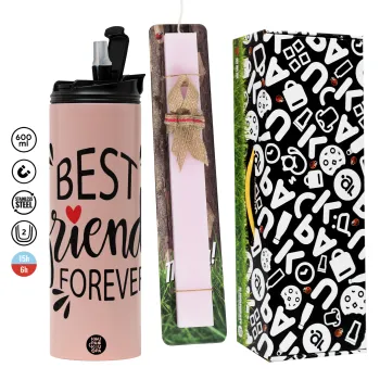 Best Friends forever, Πασχαλινή Λαμπάδα με  ΡΟΖ Travel Tumbler θερμό (600ml, BPA free) & κερί αρωματικό πλακέ (30cm) (ΡΟΖ)