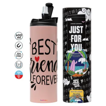 Best Friends forever, Tumbler ποτήρι θερμό ΡΟΖ από ανοξείδωτο ατσάλι 600ml