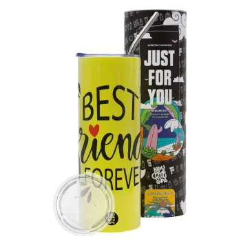 Best Friends forever, Neon Yellow Travel Tumbler θερμό, μεταλλικό καλαμάκι(Ανωξείδωτο 304 Food grade, BPA free, 600ml)