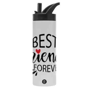 Best Friends forever, Μεταλλικό παγούρι θερμός με καλαμάκι & χειρολαβή, ανοξείδωτο ατσάλι (Stainless steel 304), διπλού τοιχώματος, 600ml
