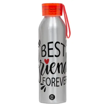 Best Friends forever, Αλουμινένιο Αθλητικό Μπουκάλι 650ml – Ασημί με Κόκκινο Καπάκι και Λουράκι Σιλικόνης