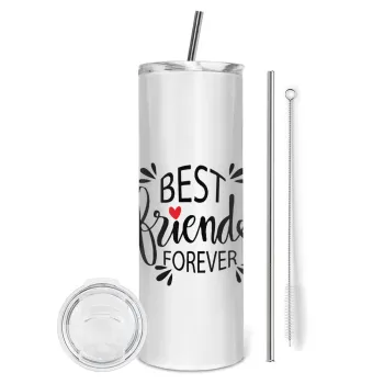 Best Friends forever, Tumbler ποτήρι θερμό από ανοξείδωτο ατσάλι 600ml, με μεταλλικό καλαμάκι & βούρτσα καθαρισμού