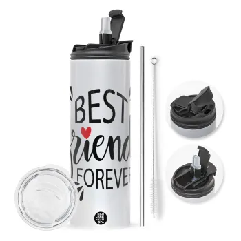 Best Friends forever, Travel Tumbler θερμό με διπλό καπάκι, μεταλλικό καλαμάκι και βούρτσα καθαρισμού (Ανωξείδωτο 304 Food grade, BPA free, 600ml)