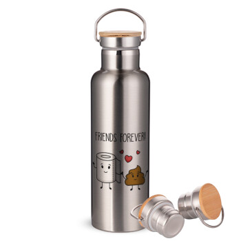 Friends forever, Μεταλλικό παγούρι θερμός (Stainless steel) Ασημένιο με ξύλινο καπακι (bamboo), διπλού τοιχώματος, 750ml