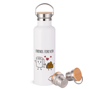 Friends forever, Μεταλλικό παγούρι θερμός (Stainless steel) Λευκό με ξύλινο καπάκι (bamboo), διπλού τοιχώματος, 750ml