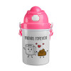 Friends forever, Ροζ παιδικό παγούρι πλαστικό (BPA-FREE) με καπάκι ασφαλείας, κορδόνι και καλαμάκι, 400ml