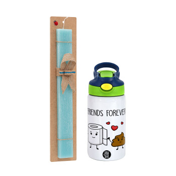 Friends forever, Πασχαλινή Λαμπάδα με Παιδικό παγούρι θερμό, ανοξείδωτο, με καλαμάκι ασφαλείας, πράσινο/μπλε (350ml) & κερί αρωματικό πλακέ (30cm) (ΤΙΡΚΟΥΑΖ)