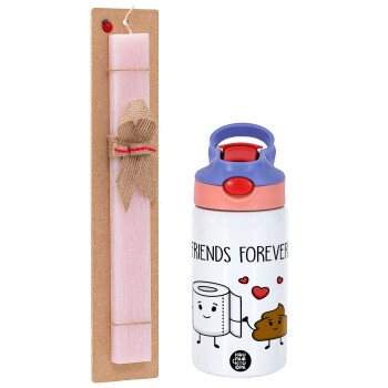 Friends forever, Easter Set, Children's thermal stainless steel water bottle with safety straw, pink/purple (350ml) & Easter scented flat candle (30cm) (PINK)