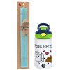 Easter Set, Children's thermal stainless steel bottle with safety straw, green/blue (350ml) & aromatic flat Easter candle (30cm) (TURQUOISE)
