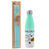 Easter Set, Metallic green/white thermos (Stainless steel), double-walled, 500ml & scented flat Easter candle (30cm) (TURQUOISE)