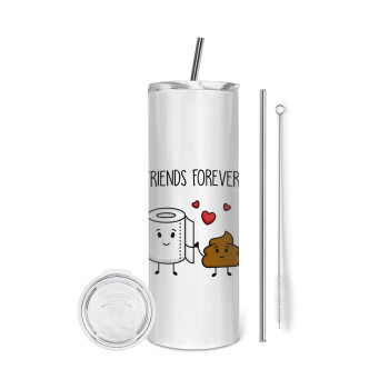 Friends forever, Tumbler ποτήρι θερμό από ανοξείδωτο ατσάλι 600ml, με μεταλλικό καλαμάκι & βούρτσα καθαρισμού