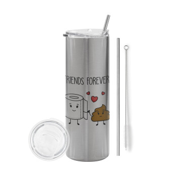 Friends forever, Eco friendly stainless steel Silver tumbler 600ml, with metal straw & cleaning brush