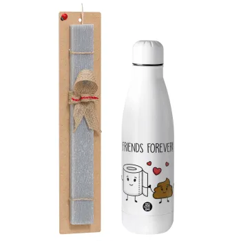 Friends forever, Πασχαλινή Λαμπάδα με μεταλλικό παγούρι θερμός ανοξείδωτο (500ml) & κερί αρωματικό πλακέ (30cm) (ΓΚΡΙ)