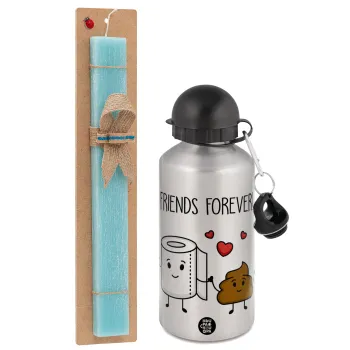 Friends forever, Πασχαλινή Λαμπάδα με παγούρι μεταλλικό Ασημένιο αλουμινίου (500ml) & κερί αρωματικό πλακέ (30cm) (ΤΙΡΚΟΥΑΖ)