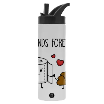 Friends forever, Μεταλλικό παγούρι θερμός με καλαμάκι & χειρολαβή, ανοξείδωτο ατσάλι (Stainless steel 304), διπλού τοιχώματος, 600ml