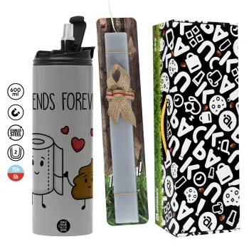 Friends forever, Πασχαλινή Λαμπάδα με Travel Tumbler θερμό (600ml, BPA free) & κερί αρωματικό πλακέ (30cm) (ΓΚΡΙ)