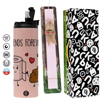 Friends forever, Πασχαλινή Λαμπάδα με  ΡΟΖ Travel Tumbler θερμό (600ml, BPA free) & κερί αρωματικό πλακέ (30cm) (ΡΟΖ)
