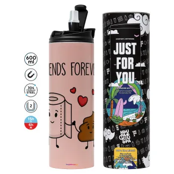 Friends forever, Tumbler ποτήρι θερμό ΡΟΖ από ανοξείδωτο ατσάλι 600ml