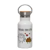 Metallic thermos (Stainless steel) White with wooden lid (bamboo), double-walled, 350ml