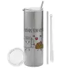 Tumbler ποτήρι θερμό Ασημένιο από ανοξείδωτο ατσάλι 600ml, με μεταλλικό καλαμάκι & βούρτσα καθαρισμού