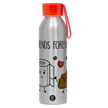Friends forever, Αλουμινένιο Αθλητικό Μπουκάλι 650ml – Ασημί με Κόκκινο Καπάκι και Λουράκι Σιλικόνης