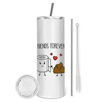 Friends forever, Tumbler ποτήρι θερμό από ανοξείδωτο ατσάλι 600ml, με μεταλλικό καλαμάκι & βούρτσα καθαρισμού
