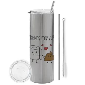 Friends forever, Tumbler ποτήρι θερμό Ασημένιο από ανοξείδωτο ατσάλι 600ml, με μεταλλικό καλαμάκι & βούρτσα καθαρισμού