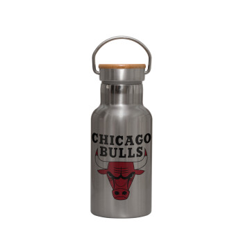 Chicago Bulls, Μεταλλικό παγούρι θερμός (Stainless steel) Ασημένιο με ξύλινο καπακι (bamboo), διπλού τοιχώματος, 350ml