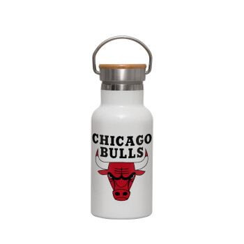 Chicago Bulls, Μεταλλικό παγούρι θερμός (Stainless steel) Λευκό με ξύλινο καπακι (bamboo), διπλού τοιχώματος, 350ml