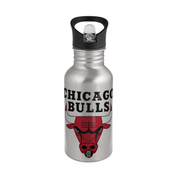 Chicago Bulls, Παγούρι νερού Ασημένιο με καλαμάκι, ανοξείδωτο ατσάλι 500ml