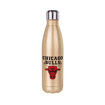 Chicago Bulls, Μεταλλικό παγούρι θερμός Glitter χρυσό (Stainless steel), διπλού τοιχώματος, 500ml
