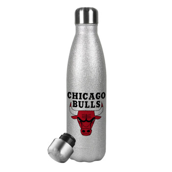 Chicago Bulls, Μεταλλικό παγούρι θερμός Glitter Aσημένιο (Stainless steel), διπλού τοιχώματος, 500ml