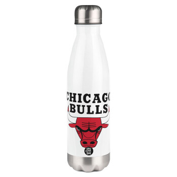 Chicago Bulls, Μεταλλικό παγούρι θερμός Λευκό (Stainless steel), διπλού τοιχώματος, 500ml