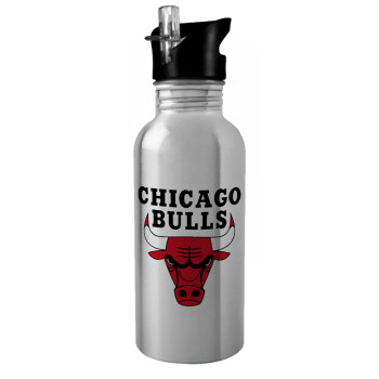 Chicago Bulls, Water bottle Silver with straw, stainless steel 600ml