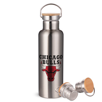 Chicago Bulls, Stainless steel Silver with wooden lid (bamboo), double wall, 750ml