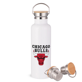 Chicago Bulls, Μεταλλικό παγούρι θερμός (Stainless steel) Λευκό με ξύλινο καπακι (bamboo), διπλού τοιχώματος, 750ml