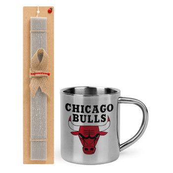 Chicago Bulls, Πασχαλινό Σετ, μεταλλική κούπα θερμό (300ml) & πασχαλινή λαμπάδα αρωματική πλακέ (30cm) (ΓΚΡΙ)