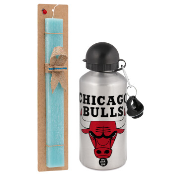 Chicago Bulls, Πασχαλινό Σετ, παγούρι μεταλλικό Ασημένιο αλουμινίου (500ml) & πασχαλινή λαμπάδα αρωματική πλακέ (30cm) (ΤΙΡΚΟΥΑΖ)