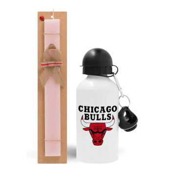 Chicago Bulls, Πασχαλινό Σετ, παγούρι μεταλλικό αλουμινίου (500ml) & πασχαλινή λαμπάδα αρωματική πλακέ (30cm) (ΡΟΖ)